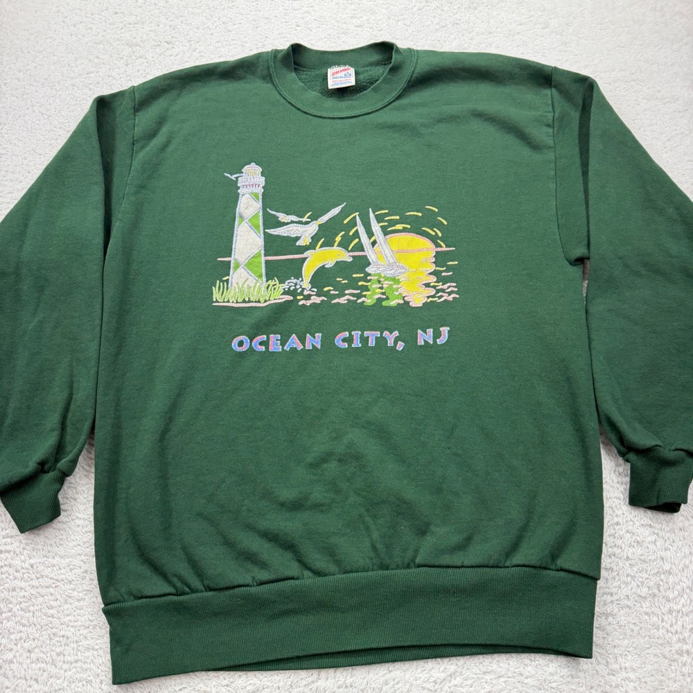 Jerzees 90s Men L Green Ocean City NJ Lighthouse Dolphin Sailboat Sweatshirt USA